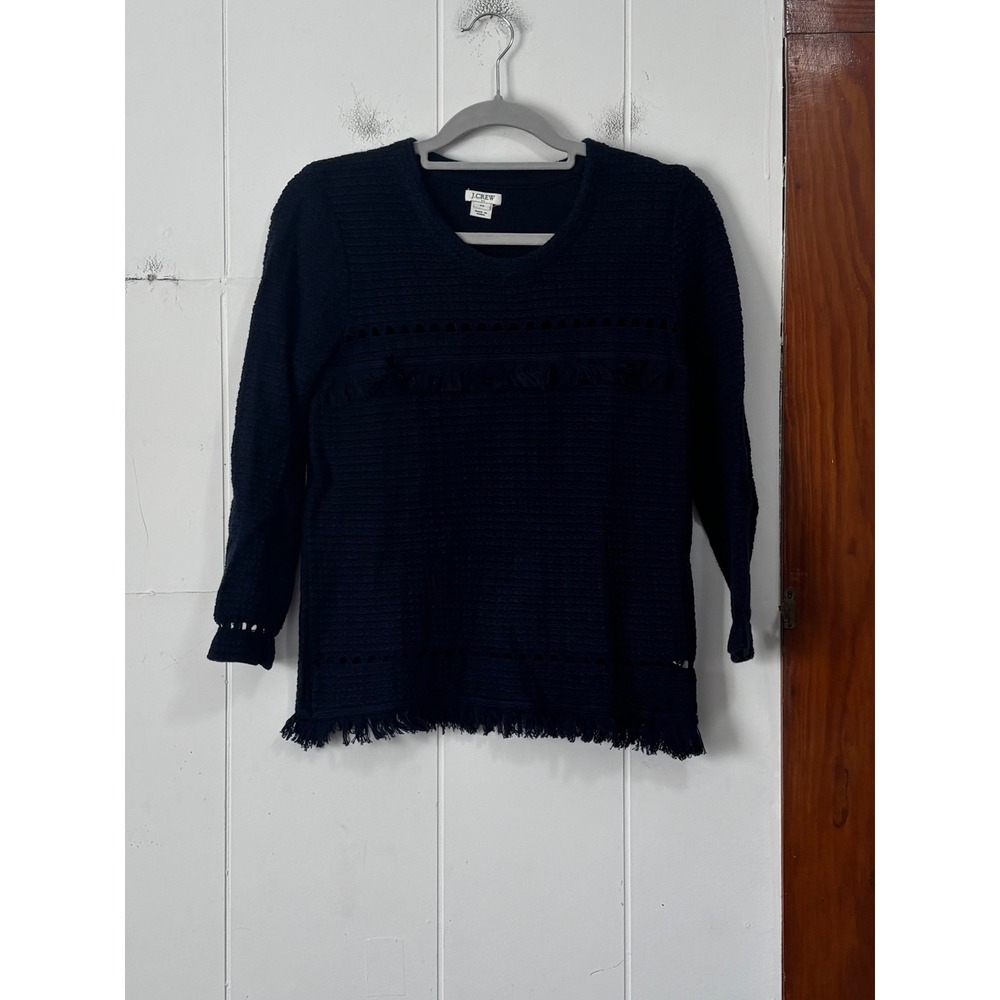 J.Crew Womens Navy Blue Cotton Fringe Pointelle Knit Sweater 3/4 Sleeve XS